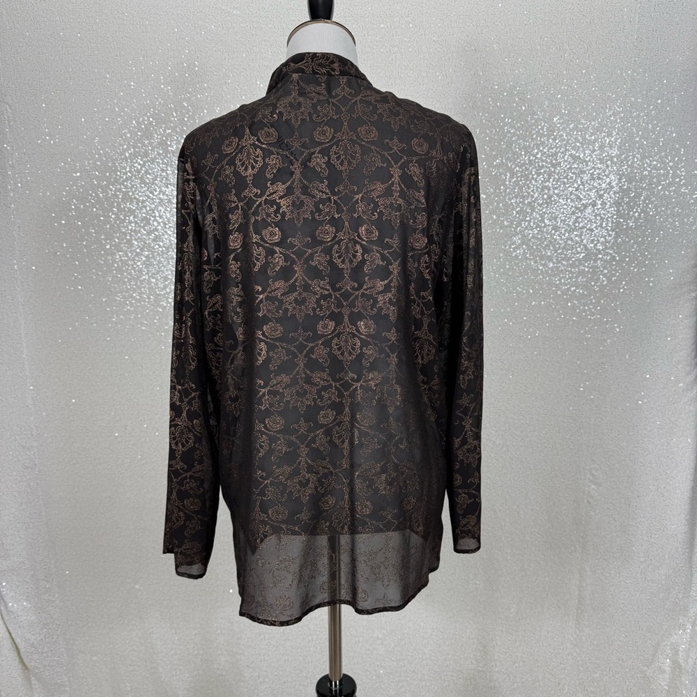 Chico’s 100% Silk Sheer Tunic Blouse Size 2 Black Bronze Floral Long Sleeve - Picture 8 of 10